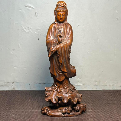 舊藏仿古黃楊木雕刻觀音像 擺件 尺寸高25公分 長10公分 寬6公分    132001697