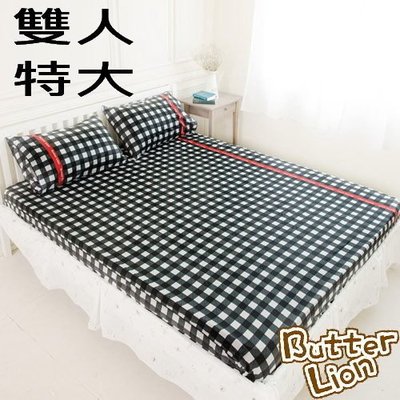 【奶油獅】格紋系列-台灣製造-100%精梳純棉床包三件組(黑)-雙人特大7尺~高雄館