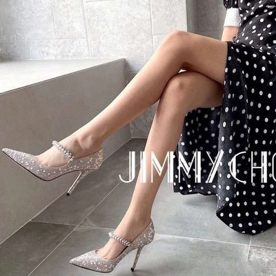 Jimmy Choo　尖頭水晶高跟鞋2021銀色水鉆單鞋仙女風單鞋女鞋細跟婚鞋宴會鞋-阿拉朵朵