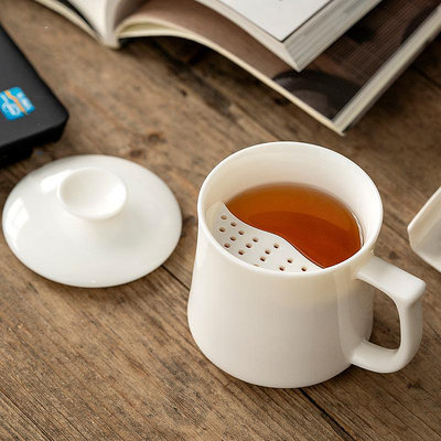 羊脂玉月牙杯陶瓷辦公杯過濾茶杯綠茶杯家用水杯大容量白瓷泡茶杯