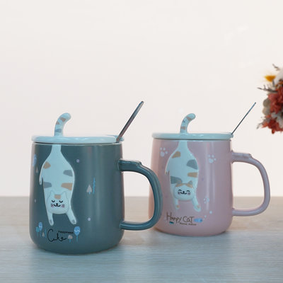 【P.R. CAFE】Just Home｜幸福貓馬克杯420ml(附蓋、湯匙) 咖啡杯 水杯 茶杯 陶瓷