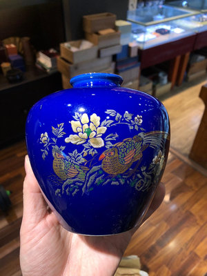 新 日本回流瓷器古董霽藍釉花瓶花器花入彩繪描金昭和時期高度約