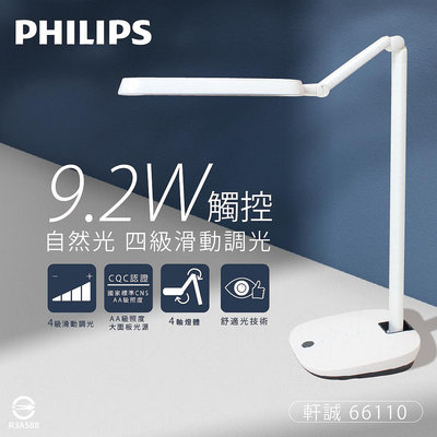 【MY WOO好生活】附發票 Philips飛利浦 軒誠 66110 9.2W 自然光 4級滑動調光 LED護眼檯燈
