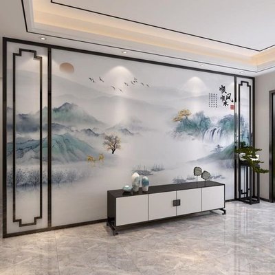 新中式意境輕奢山水壁布電視背景墻壁紙壁畫客廳沙發無~特價精品  夏季