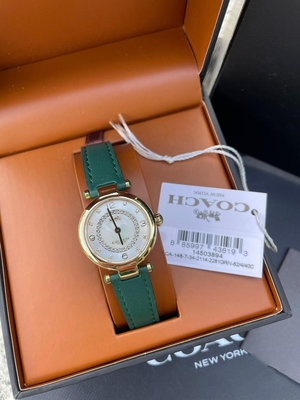 COACH手錶,編號CH00157,26mm金色圓形精鋼錶殼,貝母中二針顯示, 貝母錶面,綠真皮皮革錶帶款,頂級時尚!, 好運招財!