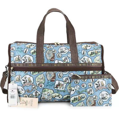 小Z代購#Lesportsac x Disney 小熊維尼 藍色 7185手提肩背斜背大款旅行包 附收納袋 背面可插行李箱