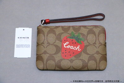 加拿大正品 COACH 蔻馳 大草莓圖案 卡其色C logo 拉鍊手腕包 手拿包 手機包 CH530