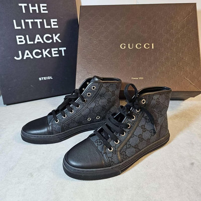 Gucci古馳 黑色復古時尚板鞋女款高幫系帶帆布休閒鞋 36