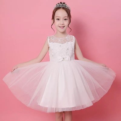 韓版女童白色禮服 蓬蓬裙 公主裙 畢業季演出服 鋼琴演奏 花童 短袖禮服 洋裝紗裙