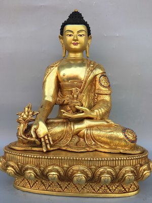 尼泊爾工藝銅鎏金鑲嵌松石珊瑚畫臉釋迦牟尼佛像，重5.6公斤，150080R