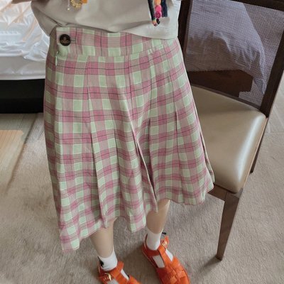 【小七】春季新款Vivienne Westwood粉色格子條紋百褶半身裙女 可開發票