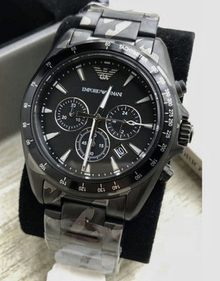 EMPORIO ARMANI 黑色錶盤 迷彩不鏽鋼錶帶 石英 三眼計時 男士手錶AR11027 ARMANI腕錶
