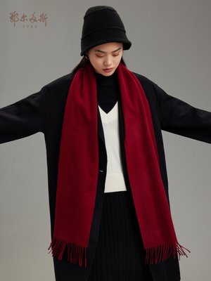 現貨熱銷-鄂爾多斯1980冬季22新款水紋純羊絨圍巾男女同款紅色針織保暖圍脖