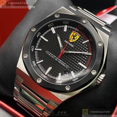 FERRARI手錶,編號FE00046,42mm銀六角形精鋼錶殼,黑色簡約, 中三針顯示, 運動錶面,銀色精鋼錶帶款