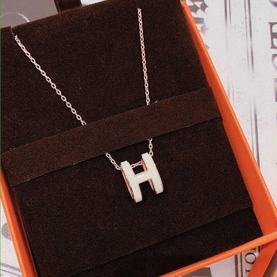 HERMES 經典 橢圓 H Logo POP 白琺瑯 玫瑰金鏈 項鍊