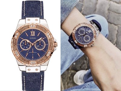GUESS玫瑰金色配深藍色錶盤 牛仔布錶帶 石英 女士手錶W0775L10/U0775L10腕錶