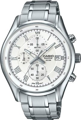 CASIO WATCH 卡西歐三眼立體羅馬刻劃銀白面弧度鏡面中性鋼帶石英腕錶 型號：BEM-512D-7A【神梭鐘錶】
