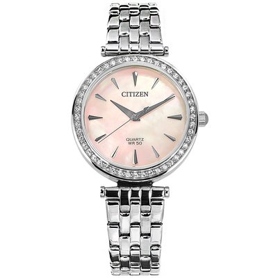 【金台鐘錶】CITIZEN星辰 時尚女錶 晶鑽 錶徑30mm (珍珠貝面) 生活防水 ER0210-55Y