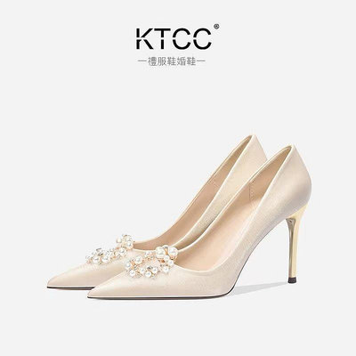 熱銷 新款韓式香檳色緞面婚鞋 主婚紗鞋 禮服高跟鞋 女細跟珍珠花單鞋 法式新娘鞋