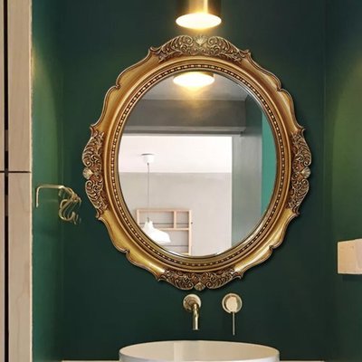 美式復古橢圓歐式藝術衛浴玄關浴室鏡掛鏡子衛生間墻面雕花裝飾鏡   可開發票