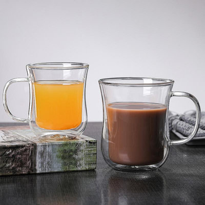 雙層玻璃杯透明雙層果汁杯帶把加厚咖啡杯牛奶 杯
