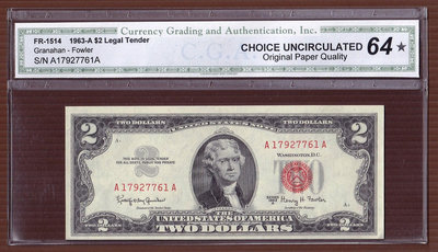 CC024-84【週日結標】評級鈔=1963年美國 2元美金紙鈔_A記=1張=CGA 64