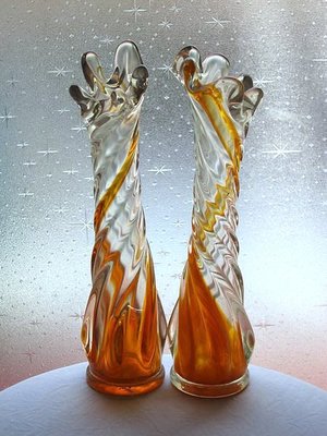 老玻璃瓶螺旋玻璃花瓶台灣民藝手工玻璃藝術品媲美琉璃紅橘黃一對不零售【心生活美學】