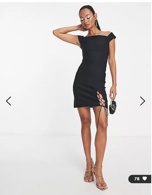 (嫻嫻屋) 英國ASOS-Vesper優雅時尚名媛黑色方領合身交叉繫帶邊裙洋裝禮服 PI22