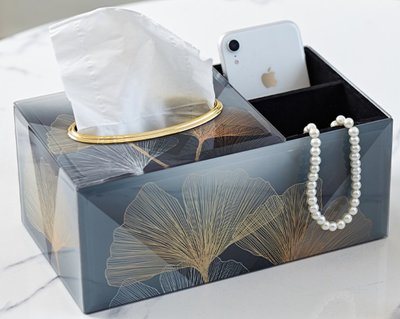 歐式 玻璃銀杏多功能面紙盒 簡約時尚造型紙巾收納盒 雙格收納抽紙盒面紙盒衛生紙盒遙控器盒居家餐廳擺件禮物