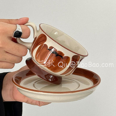 三秋Sanq復古手繪棕色海葵咖啡杯碟下午茶水杯芬蘭中古風小眾禮物