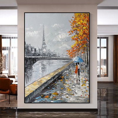 手繪油畫巴黎鐵塔玄關背景墻裝飾畫塞納河畔侘寂風格客廳沙發掛畫,定價[購買請咨詢】