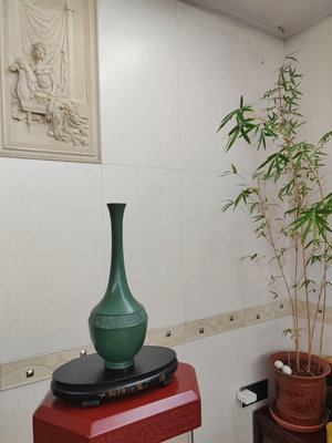 日本銅花瓶 日本高岡傳統工藝作品 百壽圖 稀有品日本銅花入