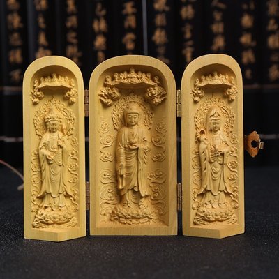 【熱賣精選】黃楊木雕擺件三開盒佛像西方三圣南海觀音菩薩三寶佛隨身