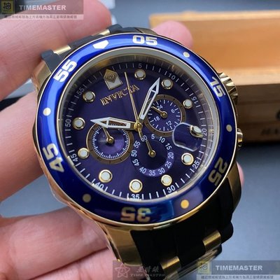 INVICTA手錶,編號IN00014,48mm金色圓形精鋼錶殼,寶藍色三眼, 潛水錶, 運動錶面,深黑色矽膠錶帶款