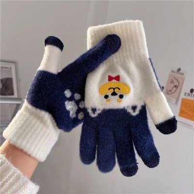 手套冬季女韓版可愛小熊加絨加厚騎行騎車保暖五指防寒防風毛線男~特價