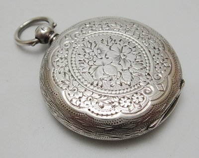 【timekeeper】 1885年瑞士製鑰匙上鍊純銀精雕手繪面盤三門懷錶(免運)