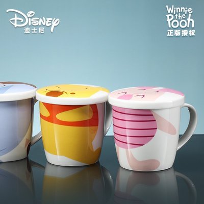 迪士尼馬克杯 帶蓋帶勺陶瓷杯可愛卡通牛奶咖啡杯子 小熊維尼水杯~特價正品促銷