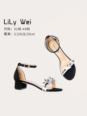Lily Wei一字帶涼鞋黑色法式名媛蝴蝶結性感粗跟涼鞋小碼女313233-麵包の店