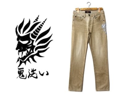 《鬥牛士》9成新真品 ONIARAI 2B7381 褐色刷白 藍銀漸層鬼頭火焰 小直筒牛仔褲 31腰 599元 低價起標