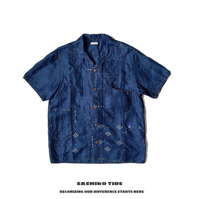 熱款直購#21SS KAPITAL 平田和宏 藍染丹寧牛仔棉印花拼接日系復古短袖襯衫