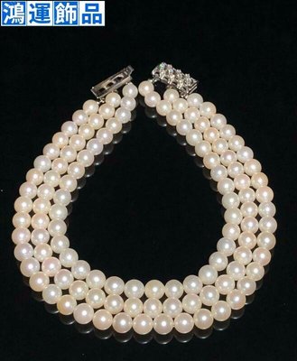 歐洲 vintage復古14k金嵌鉆石天然珍珠三股項鏈 重1--鴻運飾品