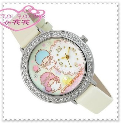 ♥小花花日本精品♥Hello Kitty   雙子星 邊框水鑽時尚錶/皮製手錶 手表 32052008