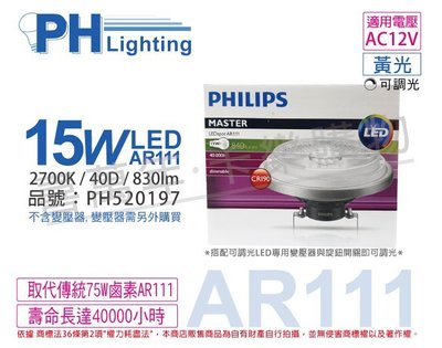 [喜萬年]含稅 PHILIPS飛利浦 LED 15W 927 黃光 40度 可調光 高眼色 AR111_PH520197