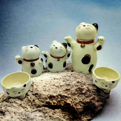 二手招財貓造型陶瓷茶壺茶杯具組茶壺杯組
