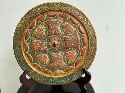 早期收藏老件鎏金銅鏡鑲嵌紅珊瑚綠松石老白玉玉雕古龍和氏璧