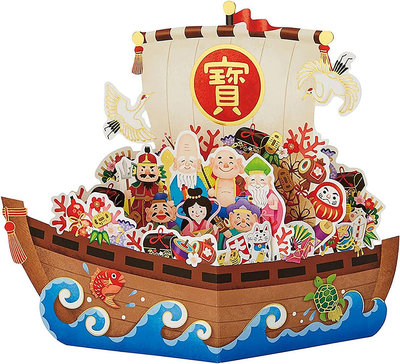 三麗鷗日式聖誕卡留言卡寶船賀卡~3D模切卡 ・金箔閃閃發光的寶船，載著七福神和千兩箱等許多護身符和寶物。