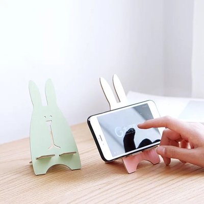 創意DIY木質手機座 可愛兔子手機支架 通用懶人手機托架
