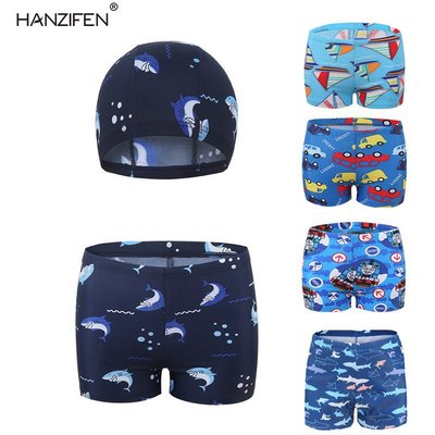 兒童泳褲男童2023新款鯊魚泳帽兩件套裝卡通游泳褲