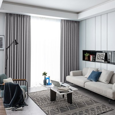 現貨熱銷-窗簾2021年新款北歐現代簡約輕奢客廳臥室遮光純色灰色定型落地窗