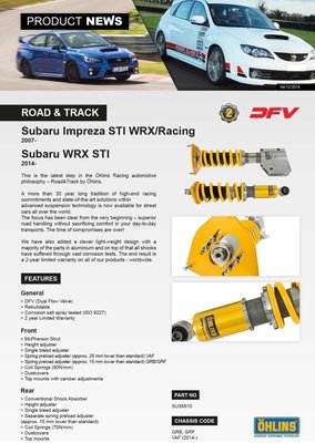 Subaru 速霸陸 WRX STI 2014+ 專用 瑞典 Ohlins Road &amp; Track 避震器